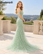 HEULORIA Sky Blue 3D Floral Mermaid Prom Dress with Detachable Off-Shoulder Straps ED-350