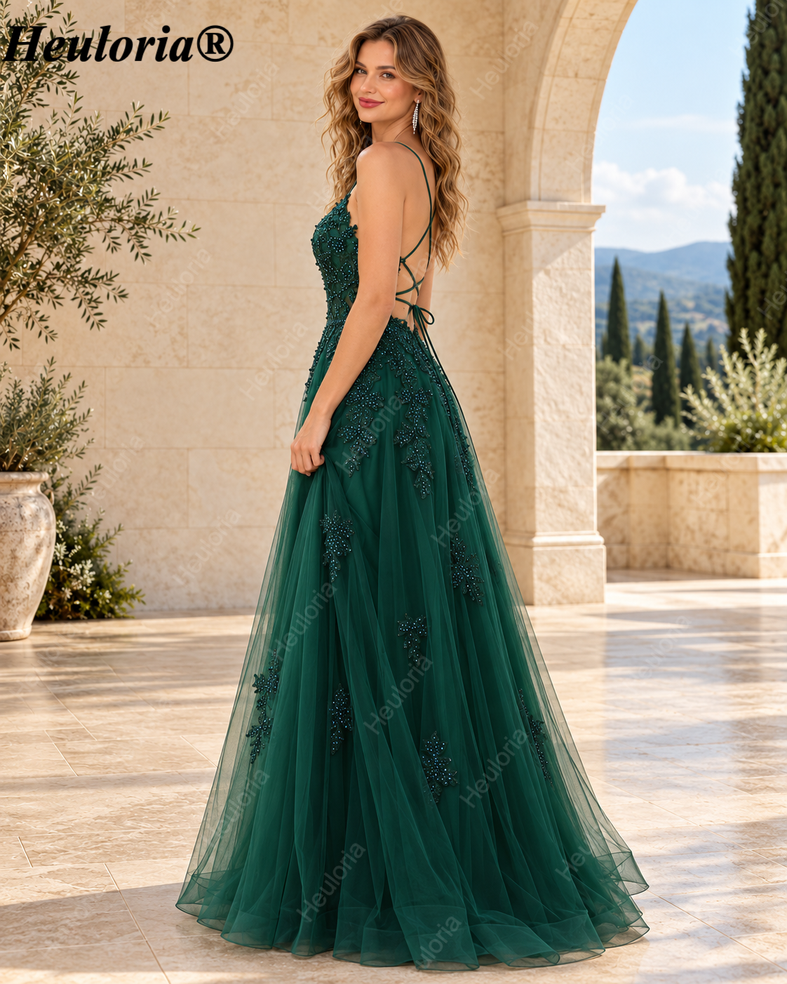 HEULORIA Spaghetti Strap Lace Applique A-Line Tulle Prom Dress ED-337