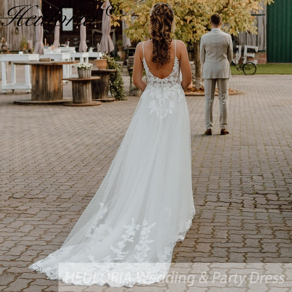 HEULORIA Spaghetti Straps Boho Wedding Dress Customized Lace Applqiues V Neck Bridal Gowns Tulle A Line abito da sposa AL-QK320