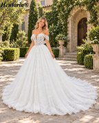 Off-Shoulder 3D Floral Glitter Ball Gown Wedding Dress with Corset BA-1100