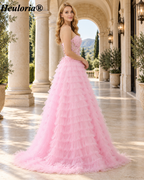 HEULORIA Pink Sweetheart Lace Corset Tiered Tulle Ball Gown Prom Dress – ED-355