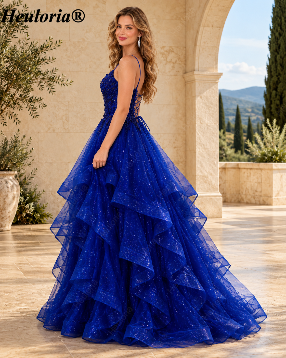 HEULORIA Sparkly Floral Applique Tiered Tulle Ball Gown Prom Dress with Lace-Up Back ED-409