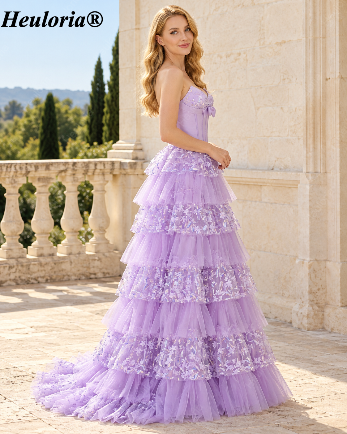 heuloria Strapless Floral Tiered Tulle Corset Prom Dress with Bow ed-507