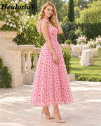 HEULORIA Romantic Pink Heart Print Tulle Tea Length Dress with Sweetheart Neckline and Bow Straps ED-581