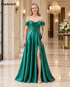 HEULORIA Emerald Green Satin Off Shoulder Prom Dress with Beaded Corset Bodice and High Slit ED-586