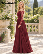 Burgundy Off-the-Shoulder Lace Long Sleeve A-Line Bridesmaid Dress ED-227