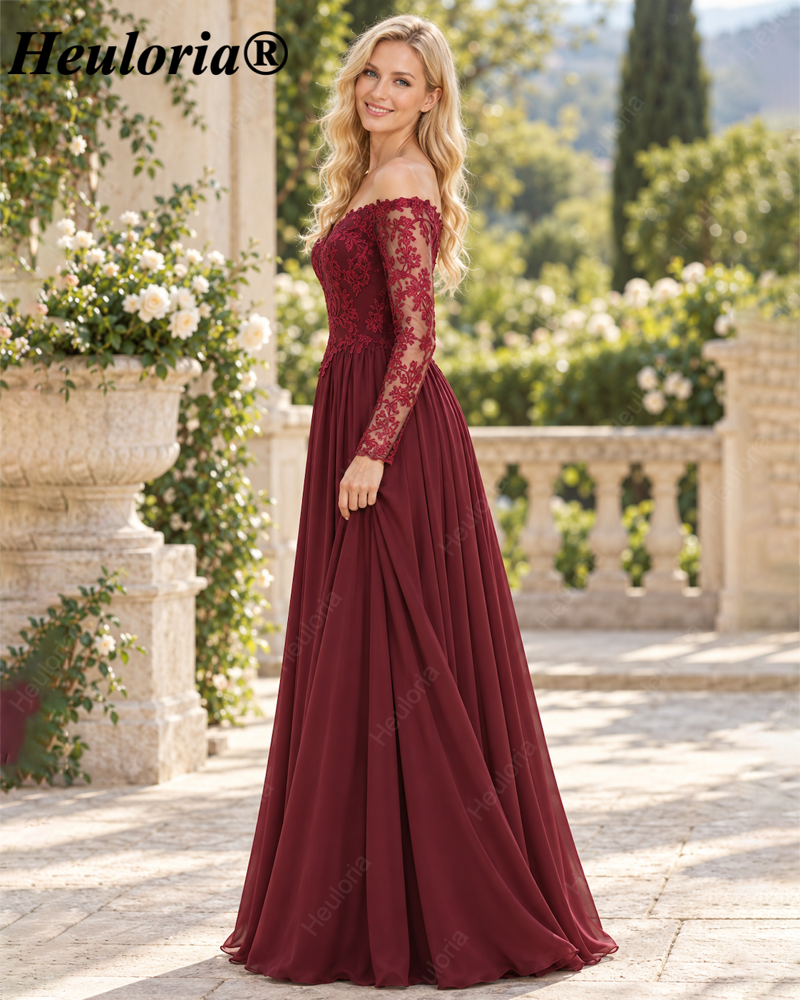 Burgundy Off-the-Shoulder Lace Long Sleeve A-Line Bridesmaid Dress ED-227