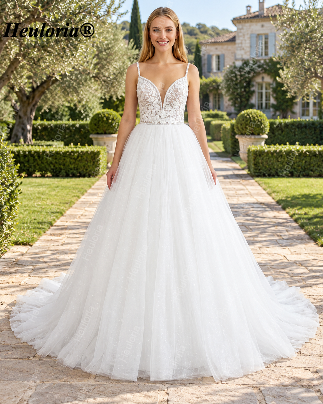 Deep V 3D Floral Glitter A-Line Wedding Dress with Beaded Straps AL-1064