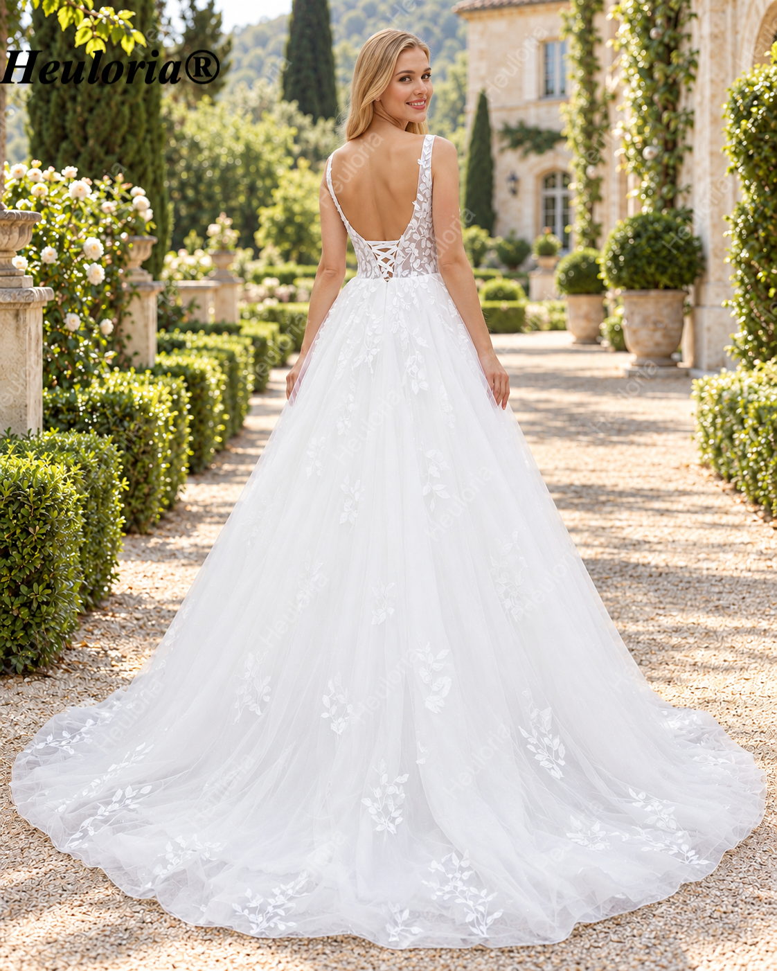 Deep V Leaf Lace Glitter Tulle Corset Ball Gown Wedding Dress BA-1047 Secondary image