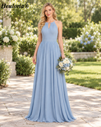 HEULORIA Dusty Blue Halter Chiffon A-Line Bridesmaid Dress with Keyhole Neckline – ED-246