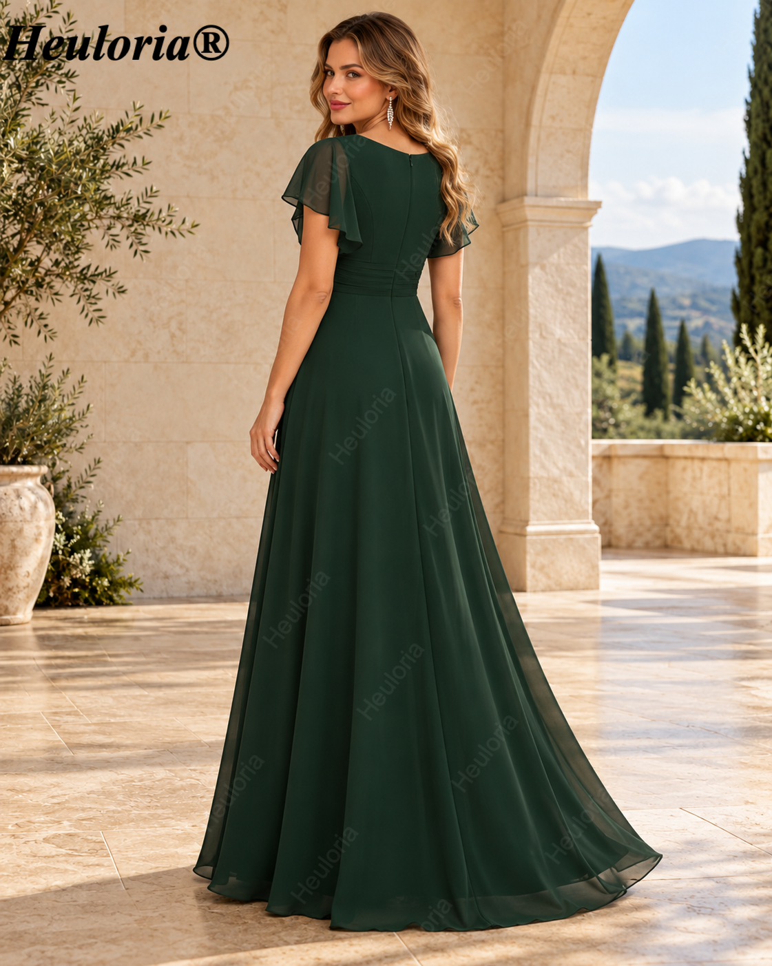 HEULORIA Dark Green V-Neck Flutter Sleeve Chiffon A-Line Bridesmaid Dress – ED-126 Imagen secundaria del producto