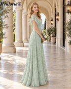 heuloria-Grey Green Floral Square Neck Flutter Sleeve Bridesmaid Dress-ed-558