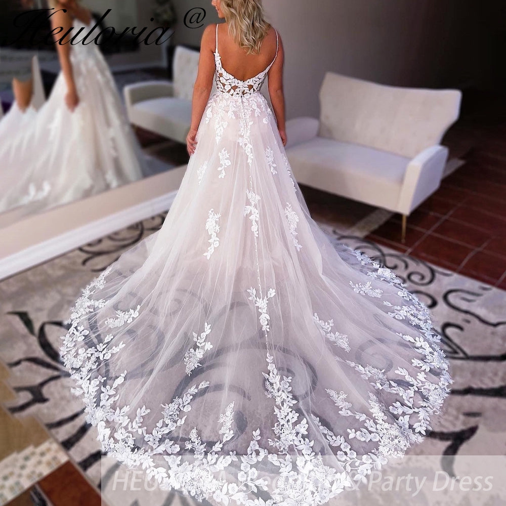 HEULORIA Spaghetti Straps Boho Wedding Dress Customized Lace Applqiues V Neck Bridal Gowns Tulle A Line abito da sposa AL-QK278