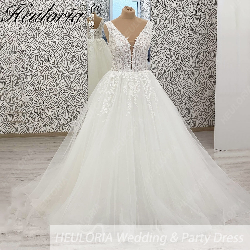 HEULORIA A line Wedding Dress V Neck sparky tulle lace applique bride dress with lace up back Customized AL-1032