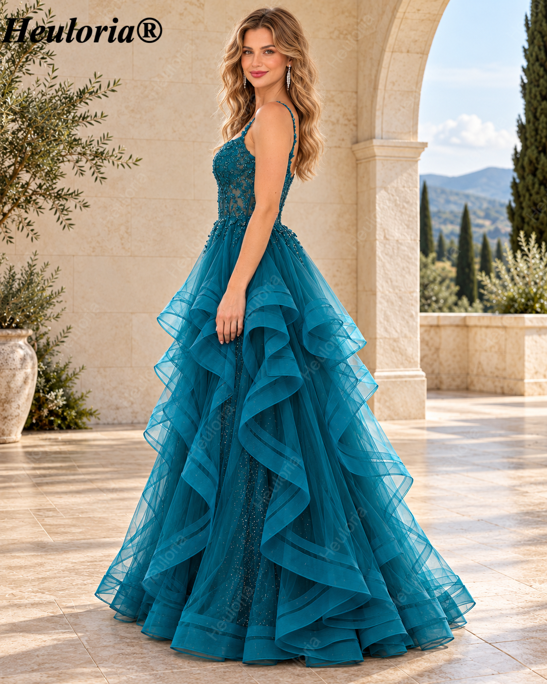 HEULORIA Teal Glitter Tulle A-Line Prom Dress with Beaded Sweetheart Corset and Tiered Ruffles ED-401