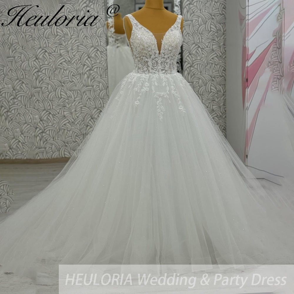 HEULORIA V Neck Sleeveless A line Wedding Dress Boho Lace Appliques Tulle Long Bridal Gowns Backless Vestidos de Novia Customized AL-1094 Main image