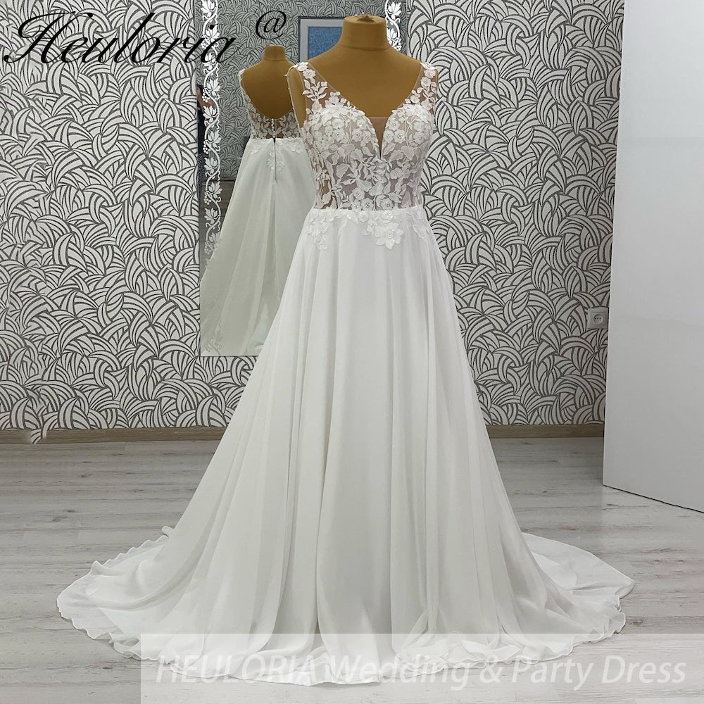 Deep V Lace Chiffon Sleeveless A-Line Wedding Dress with V Back AL-1033 Imagen secundaria del producto