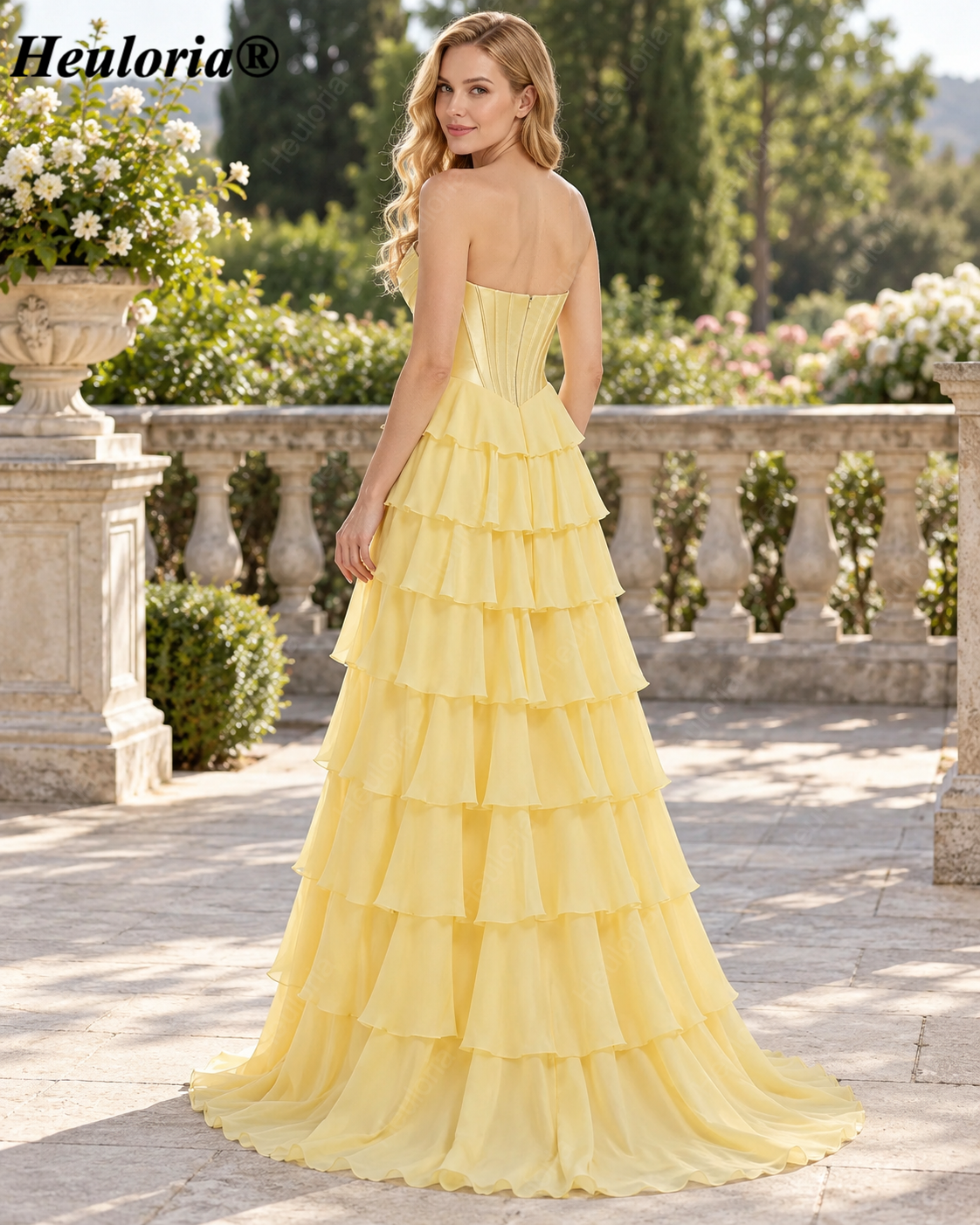 HEULORIA Pale Yellow Strapless Sweetheart Corset Tiered Chiffon A-Line Prom Dress ED-236 Secondary image