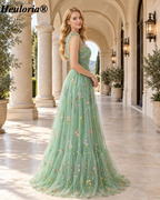 heuloria Floral Embroidered Tulle A-Line Dress with Bow Straps ed-525