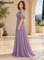 heuloria-Lace Applique Chiffon A-Line Mother of the Bride Dress with Cape-ed-378