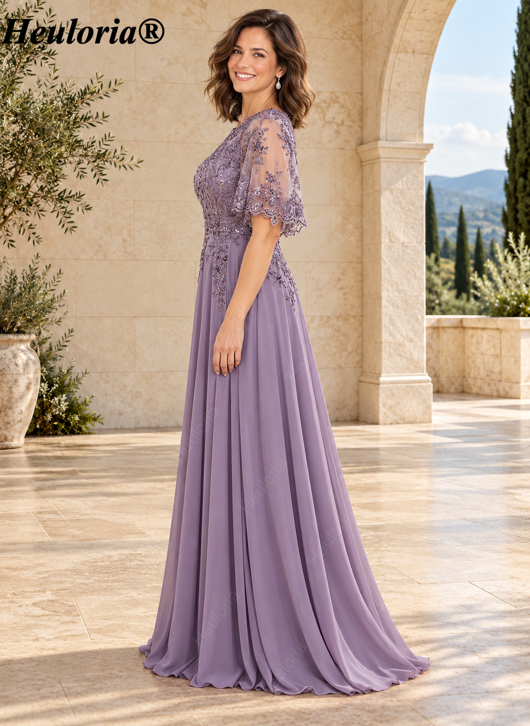 heuloria-Lace Applique Chiffon A-Line Mother of the Bride Dress with Cape-ed-378