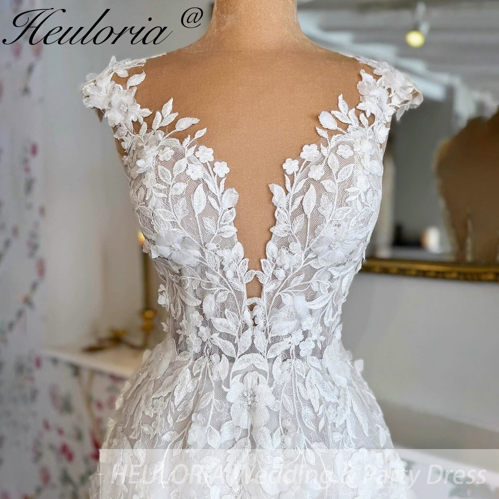 HEULORIA  a line Wedding Dress 3D flower Lace bridal dress V neck Customized AL-814