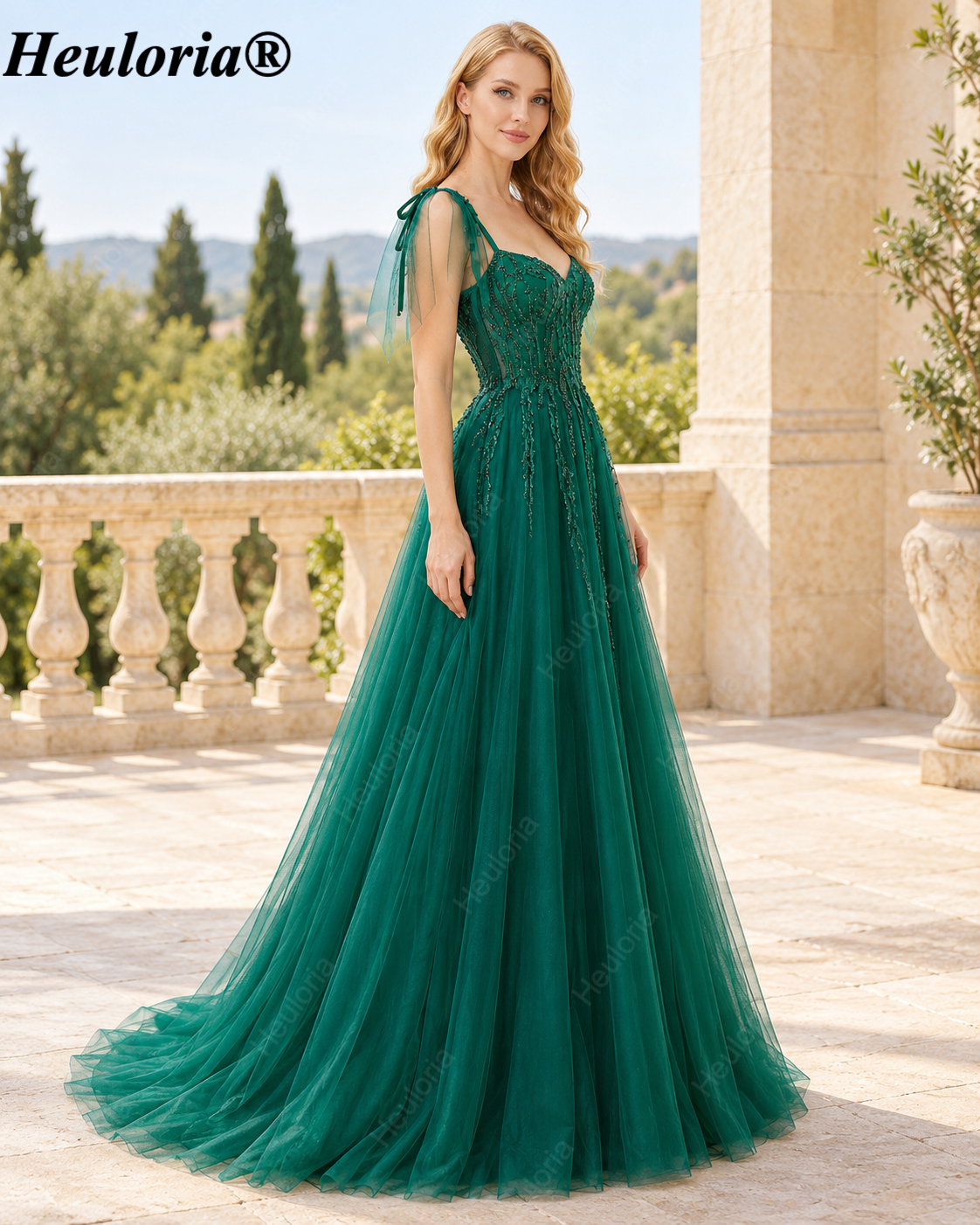 HEULORIA Emerald Green Beaded Tulle A-Line Prom Dress with Tie Straps – ED-344