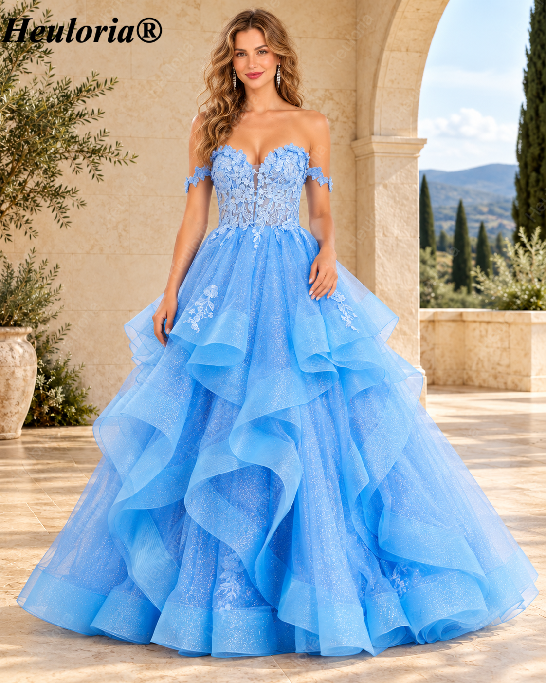 HEULORIA Off-Shoulder Floral Corset Ruffle Tulle Ball Gown Prom Dress ED-390