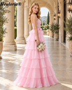 heuloria Strapless Lace Tiered Ruffle Prom Dress with Bow Waist ed-514