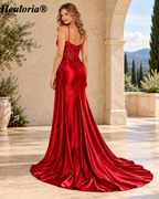 HEULORIA Beaded Corset Satin Prom Dress with High Slit and Side Drape ED-201