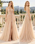 HEULORIA Strapless Beaded Floral A-Line Tulle Prom Dress with Slit ED-354