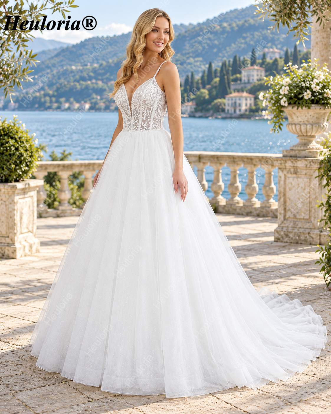 Sparkling Leafy Lace Deep V Ball Gown Wedding Dress AL-1088 Imagen principal del producto