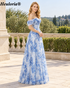 HEULORIA Blue Floral Chiffon A-Line Prom Dress with Sweetheart Corset and High Slit ED-509