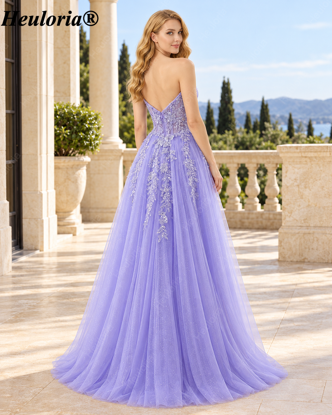 HEULORIA Strapless Beaded Floral A-Line Tulle Prom Dress with Slit ED-354