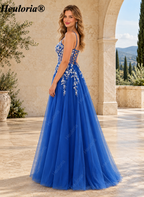 HEULORIA Royal Blue Floral Appliqué Tulle A-Line Prom Dress with V-Neck and Corset Back – ED-341