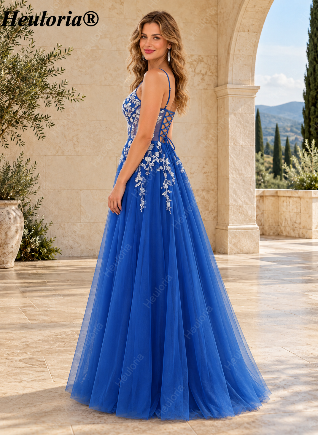HEULORIA Royal Blue Floral Appliqué Tulle A-Line Prom Dress with V-Neck and Corset Back – ED-341