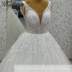 HEULORIA Sparkling Leaf Lace Ball Gown Wedding Dress with Plunging V-Neck and Beaded Fringe Sleeves AL-1025