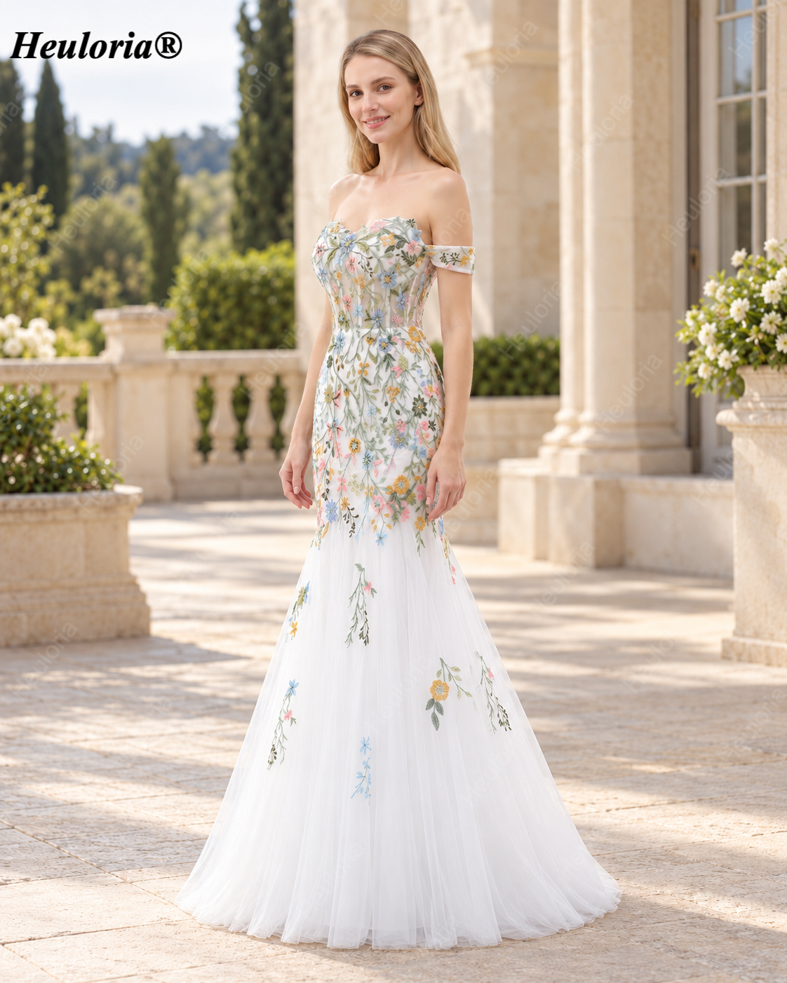 Heuloria Multicolor Floral Embroidered Off-the-Shoulder Tulle Mermaid Evening Dress ED-612