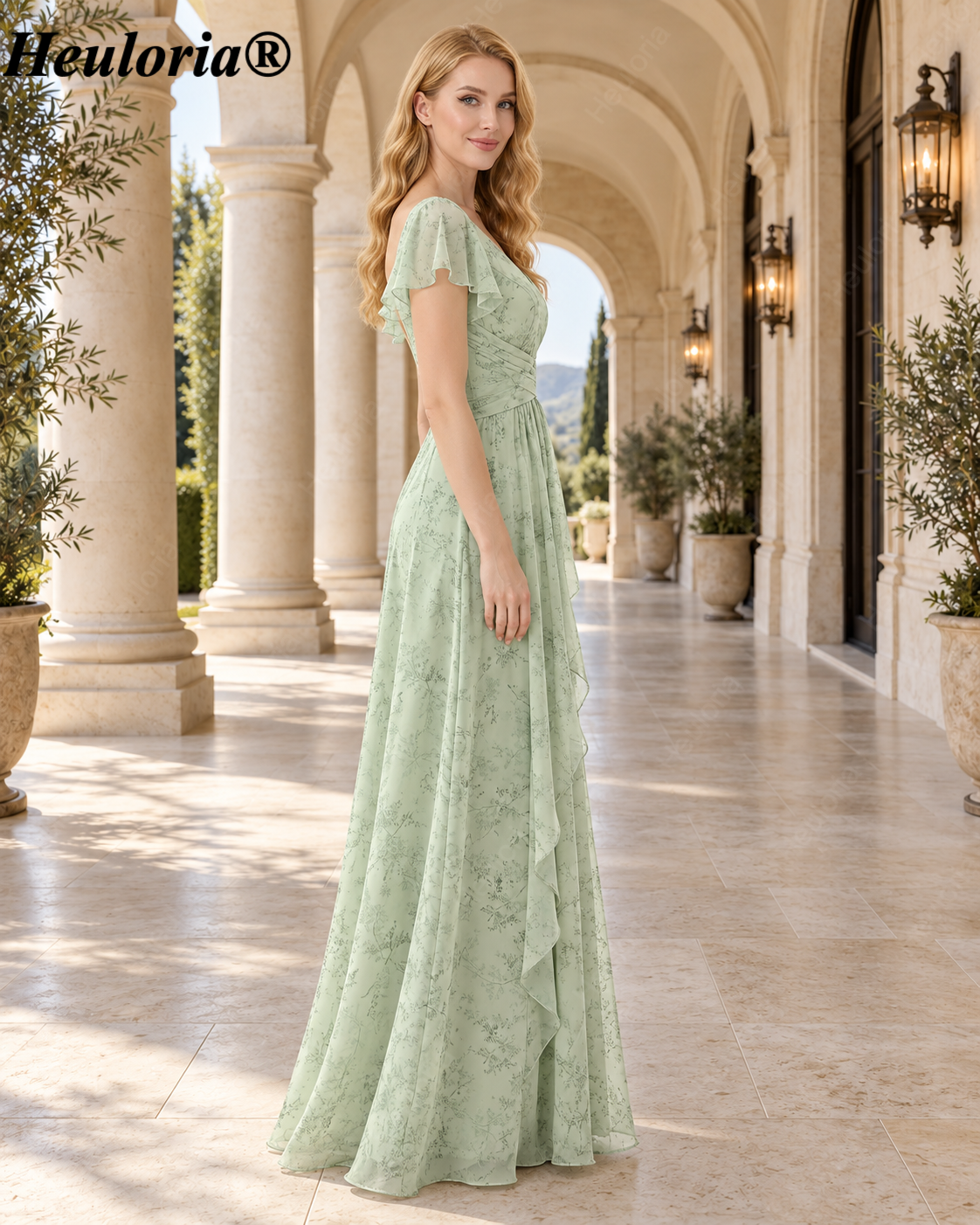 heuloria-Floral V-Neck Flutter Sleeve Bridesmaid Dress with Ruffle Slit-ed-564