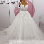 HEULORIA Enchanting Leaf Lace A-Line Wedding Dress - Shimmering Tulle & Plunging Illusion V-Neck AL-1010
