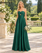 HEULORIA Dark Green Strapless Satin A-Line Bridesmaid Dress with Ruched Cutout Bodice – ED-265