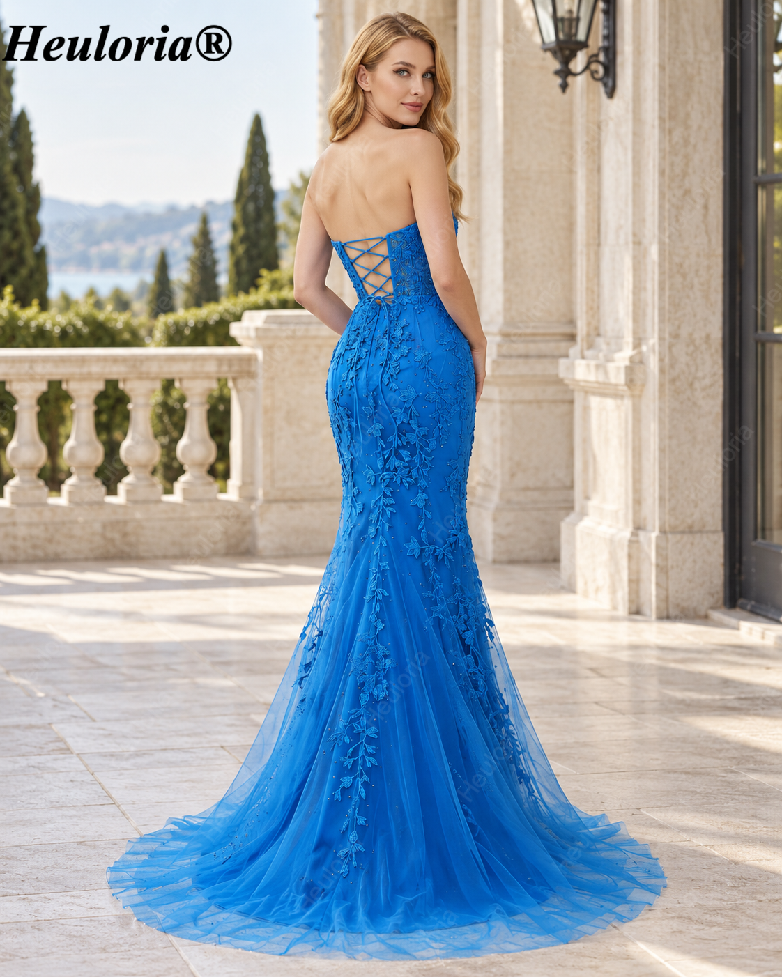 HEULORIA Royal Blue Lace Applique Mermaid Satin Prom Dress with Strapless Neckline and Sweep Train ED-367 Secondary image