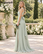 HEULORIA Dusty Sage Chiffon Halter A-Line Bridesmaid Dress with Keyhole, Slit & Bow Back – ED-256
