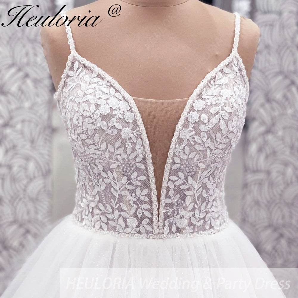 Heuloria Romantic Leafy Lace A-Line Wedding Dress: Plunge V-Neck & Sequined Tulle with Corset Back AL-1031