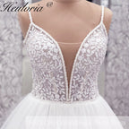 Heuloria Romantic Leafy Lace A-Line Wedding Dress: Plunge V-Neck & Sequined Tulle with Corset Back AL-1031