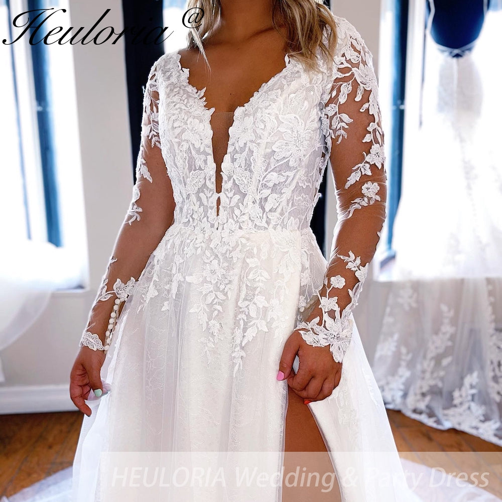 HEULORIA A line Wedding Dress long sleeve lace bride dress plus size robe de mariee  A line Wedding Bridal Gown AL-QK275