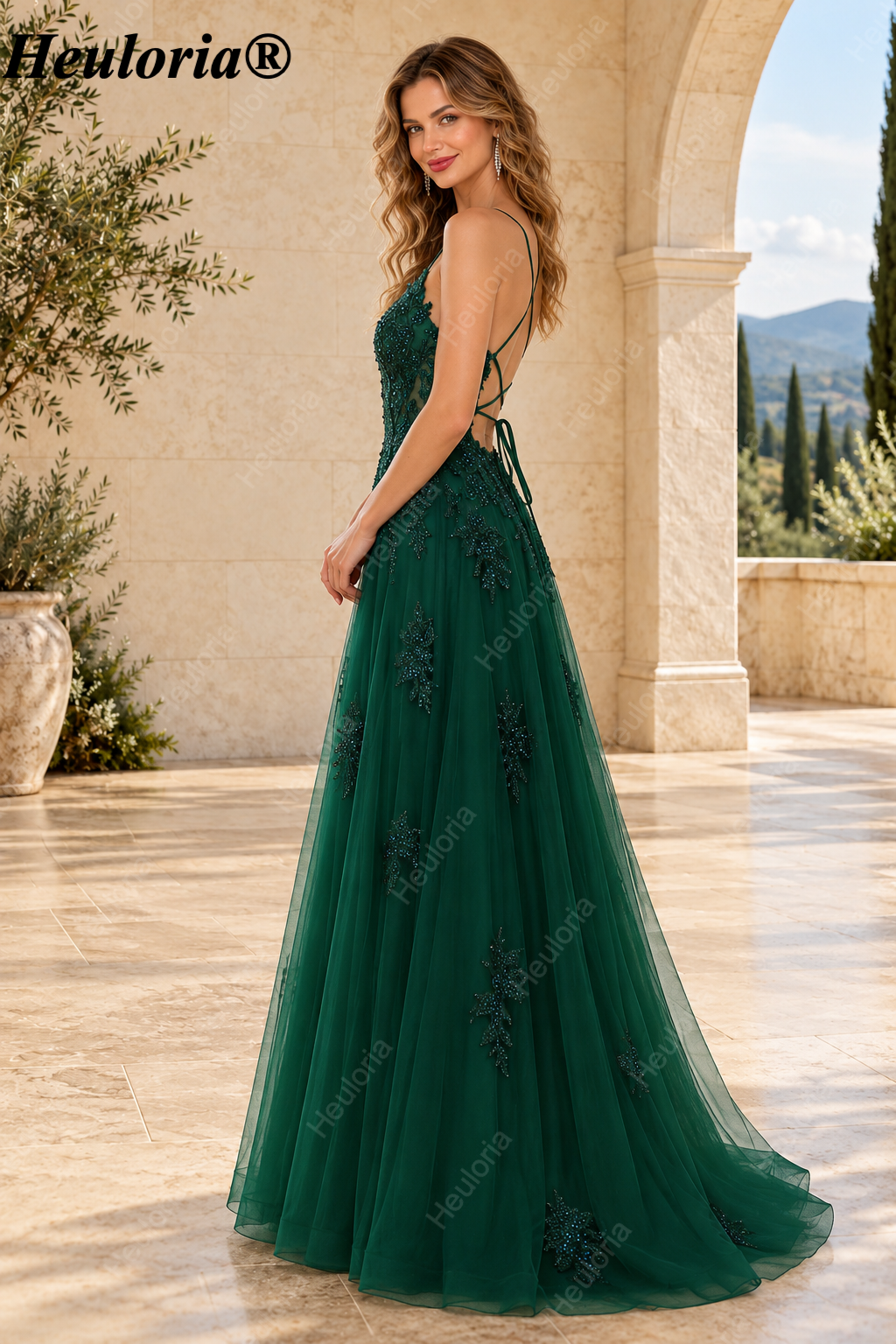 HEULORIA Spaghetti Strap Lace Applique A-Line Tulle Prom Dress ED-337