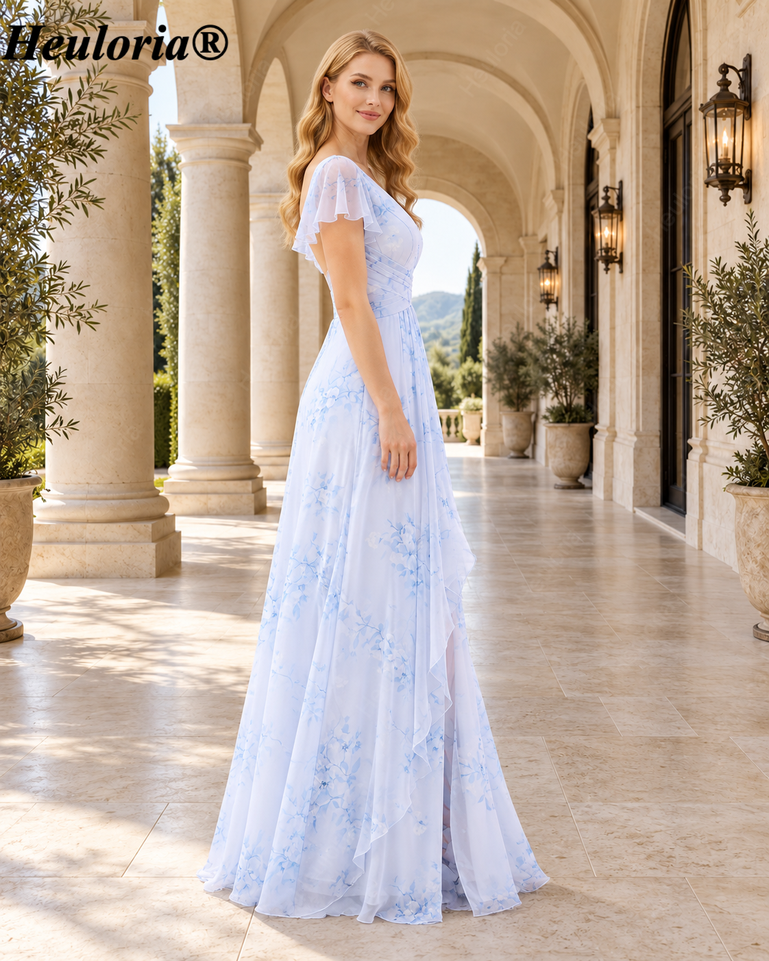 heuloria-Floral V-Neck Flutter Sleeve Bridesmaid Dress with Ruffle Slit-ed-564