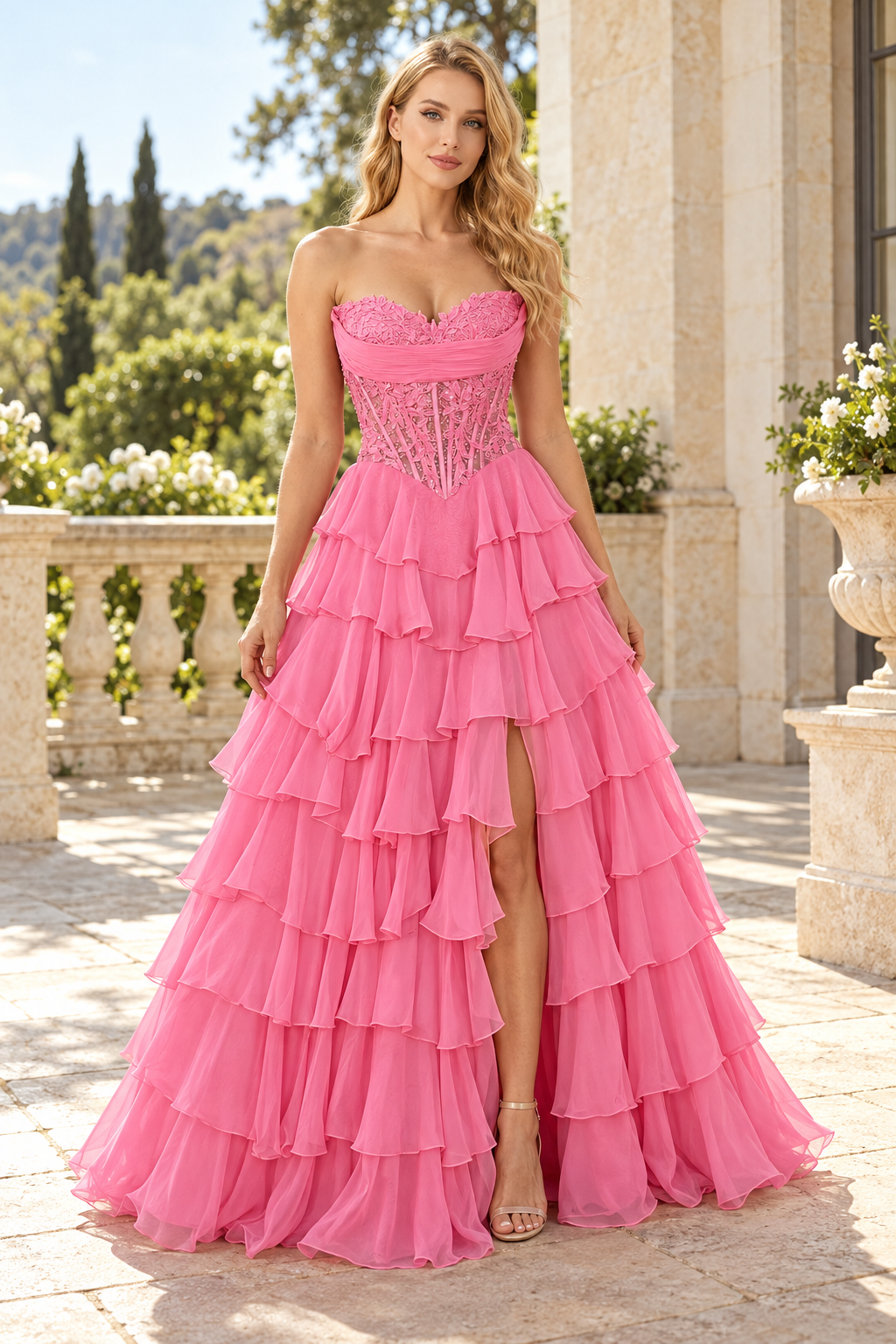 HEULORIA Strapless Lace Corset Prom Dress with Tiered Ruffles and Slit ED-89