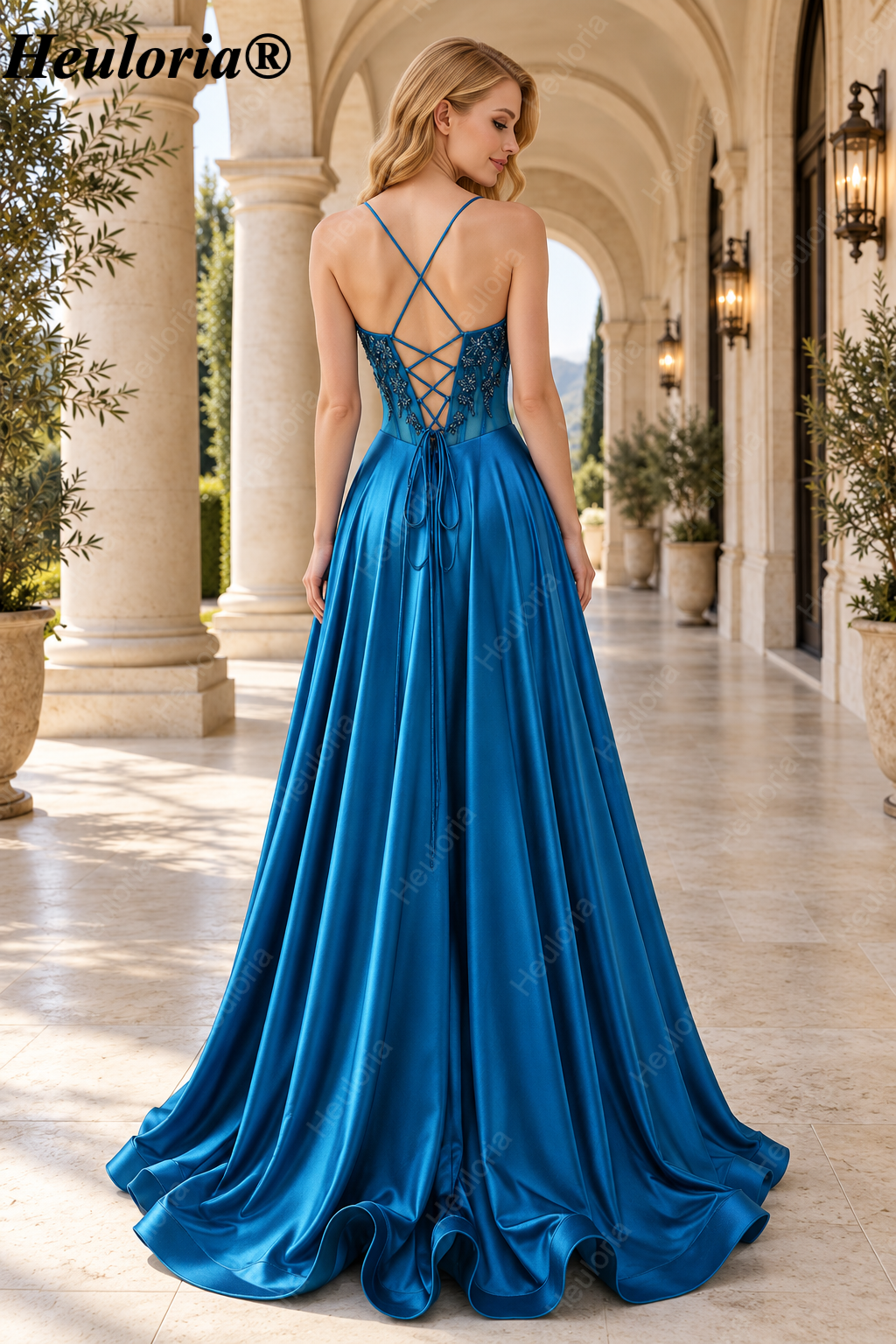 HEULORIA Peacock Blue Beaded Corset Satin A-Line Prom Dress ED-370